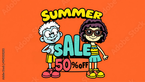 Colorful summer sale banner with cute cartoon boy and girl characters promoting 50 percent off discount, playful design ideal for seasonal retail promotions, kids products and marketing graphics