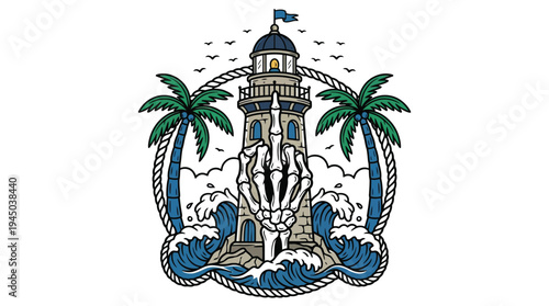 Edgy middle finger skeleton hand lighthouse with ocean waves and palm trees tattoo vector