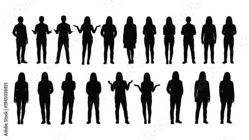 Collection of diverse human silhouettes in various poses and attire on white background for graphic design and illustration