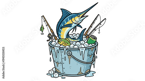 Blue marlin fish jumping from ice bucket with fishing rod and beer vector