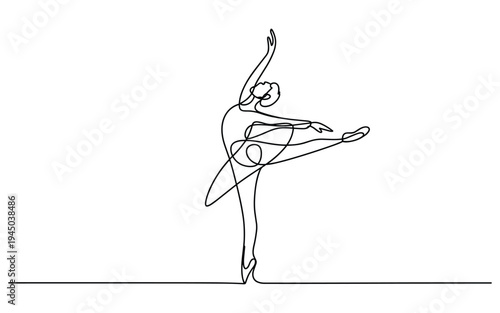 Ballet dancer performing arabesque on pointe shoes continuous line drawing minimal style