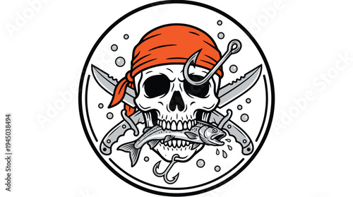Pirate skull with bandana biting a fish and crossed knives tattoo vector