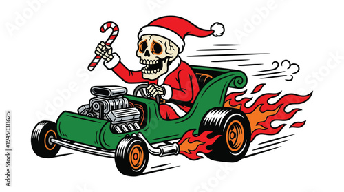 Santa claus skeleton driving hot rod race car tattoo vector