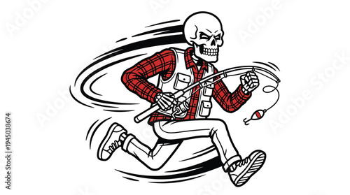 Skeleton fisherman running with fishing rod cartoon tattoo vector