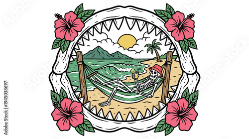 Skeleton relaxing in hammock inside shark jaw beach tattoo vector