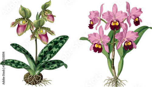 Orchid botanical illustration set with tropical flowering plants isolated on white background, detailed floral design for gardening, decoration, nature education and exotic bloom themes