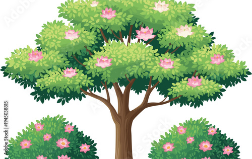 Flat vector illustration of a blooming tree and garden bushes with pink flowers and green leaves isolated on white background for landscape design