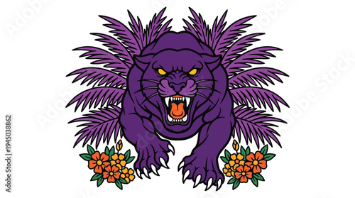 Purple panther roaring with palm leaves and flowers tattoo vector