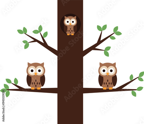 Flat vector illustration of cute owl characters sitting on tree branches and inside a tree hollow hole for nursery decor isolated on white background
