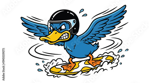 Angry blue duck wearing helmet riding surfboard action vector