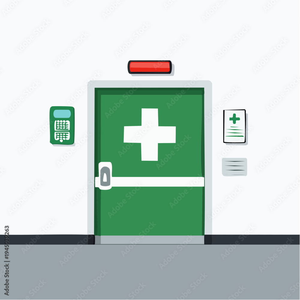 Obraz premium Vibrant green emergency door with a prominent white medical cross symbol, designed for quick access or exit in a hospital, clinic, or medical facility, highlighting safety and first aid