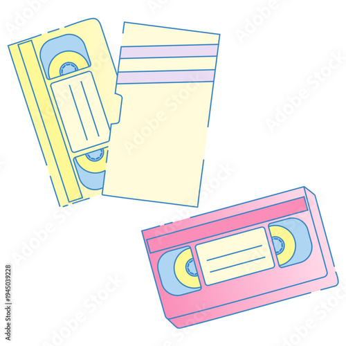 ビデオテープのセット VHS パステルカラー 平成レトロ ファンシー かわいい ポップ イラスト 90年代 00年代 映像 記録メディア デコレーション ベクターイラスト