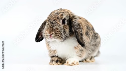 Curious lopeared bunny exploring: adorable rabbit sniffing and moving on a white background