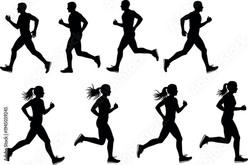 Running people silhouette collection with male and female joggers isolated on white background, fitness sport activity set for training, marathon concept and healthy lifestyle design
