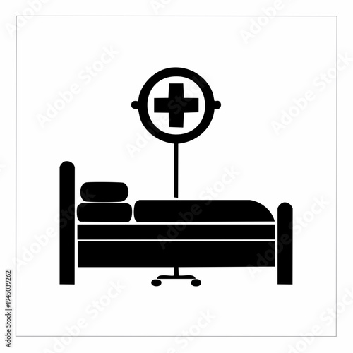 Illustration of a hospital bed with a medical symbol overhead, representing healthcare and recovery