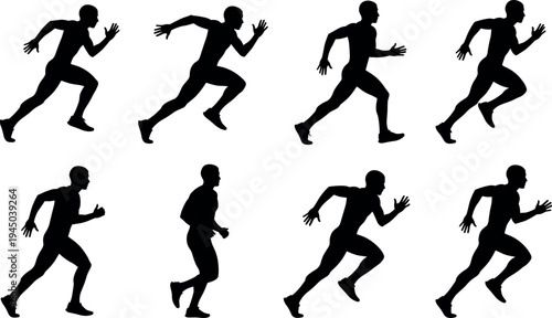 Running man silhouette set with sprinting and jogging poses vector illustration, athletic motion figures isolated on light background for fitness training sport design
