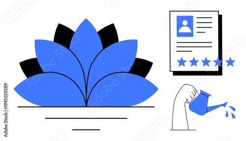 Blue and black lotus symbol with personal profile and star rating, alongside a hand watering concept. Ideal for personal growth, self-improvement, success, wellness, meditation, productivity, digital