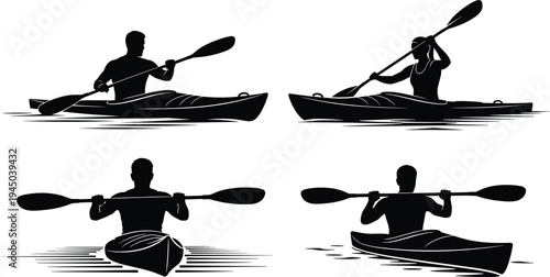 Set of Kayaking Silhouettes Featuring Men and Women Paddling Canoes on Water for Outdoor Adventure Sports Logo Design and Illustration