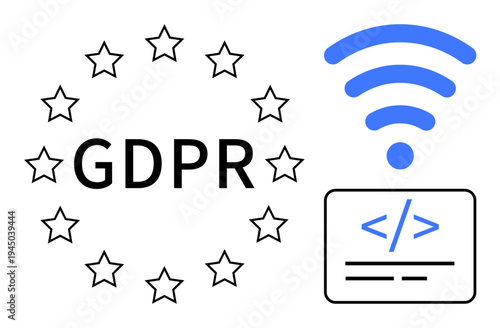 Data security, GDPR compliance, wireless communication, coding, internet safety, online privacy. European GDPR text with stars, wireless signal and coding symbol. Data security and GDPR compliance