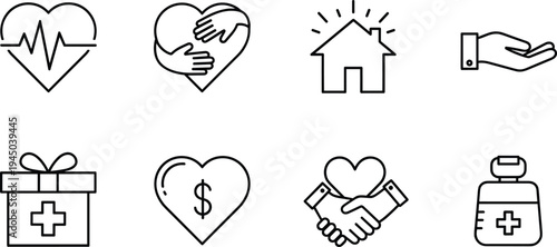 Set of Linear Vector Icons Representing Charitable Healthcare Medical Aid Humanitarian Support Compassionate Care Community Welfare Health Insurance and Giving Heart