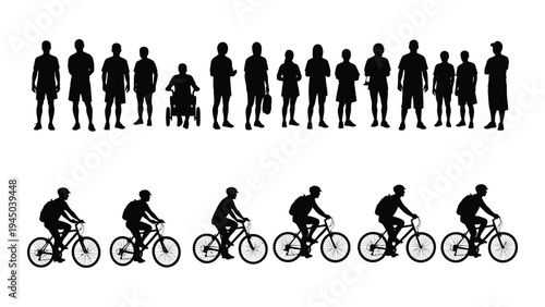 Silhouette illustration of people standing and riding bicycles in two rows on white background for graphic design and icon usage