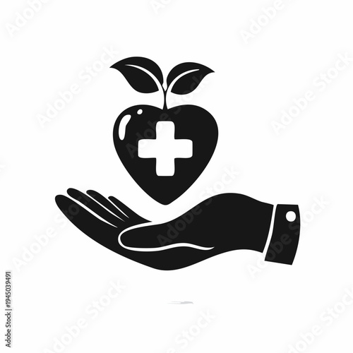 Abstract graphic of a caring hand cradling a heart with a medical cross and sprouting leaves, symbolizing holistic health, compassion, growth, and sustainable well-being