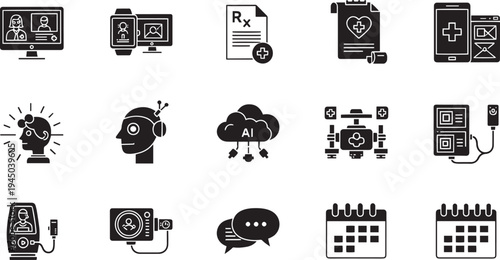 Telemedicine and Digital Health Icon Set Featuring AI Diagnostics Online Consultation Smart Medical Devices and Virtual Patient Care
