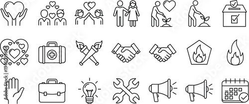 Set of Linear Vector Icons Representing Community Support Charity Volunteering Social Activism Healthcare Partnership Education and Professional Business Development Symbols Together