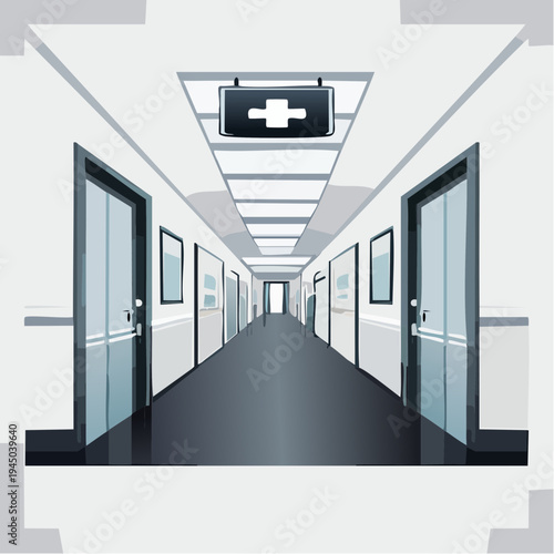Illustration of a sterile and modern hospital corridor with closed doors and overhead lighting