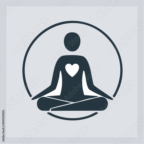 Meditating figure with heart symbol inside a circle representing inner peace and wellbeing