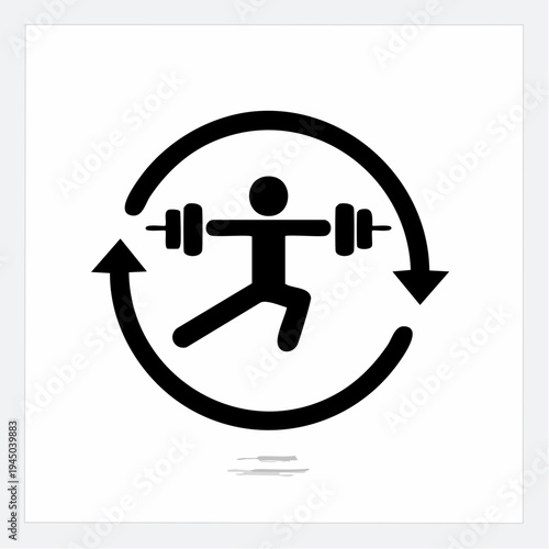 Icon of a person lifting weights within a circular arrow indicating a continuous process or cycle, representing fitness and exercise routines
