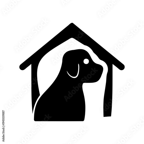 A simple black silhouette icon of a dog comfortably sheltered within its dog house Vector, illustration