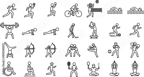 Large collection of sports line icons featuring running cycling swimming weightlifting archery soccer and inclusive disability sports isolated on white backgroundLarge collection of sports line 