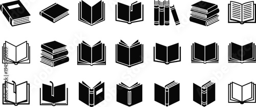 Large Set of Black Book Silhouettes Including Open Books Closed Textbooks Stacked Literature and Library Icons Isolated on White Background