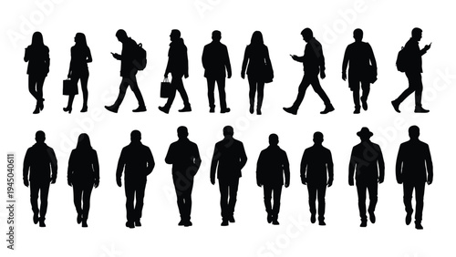 Collection of diverse human silhouettes walking in various directions and poses on a white background