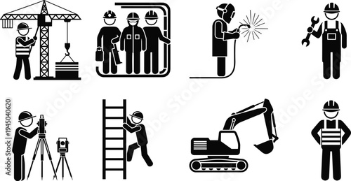 Comprehensive collection of construction industry stickman icons featuring tower cranes, welding work, surveying equipment, heavy excavators, ladder safety, and professional workers for site en