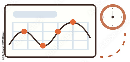 Data analytics, time management, business performance, planning, productivity tracking, decision-making. Line graph with data points and clock. Data analytics and time management concept