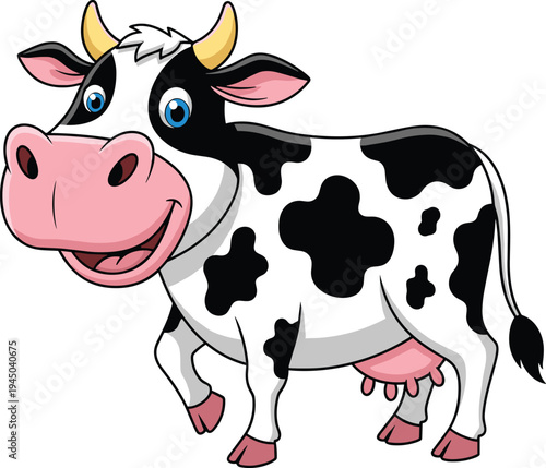 Cheerful cartoon illustration of a black and white spotted dairy cow with pink udder and horns standing on a white background for farm design.