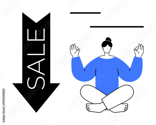 E-commerce, wellness, retail discounts, marketing, mindfulness, promotional sales. A person meditating next to a downward sale arrow. E-commerce and wellness promotional concept