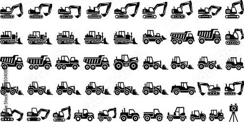 Comprehensive collection of black line vector icons featuring heavy construction machinery including excavators, bulldozers, dump trucks, loaders, tractors, and industrial site equipment symbols.