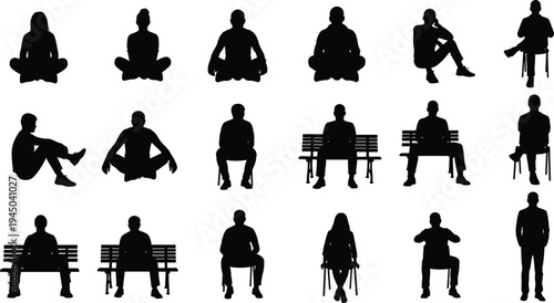 Diverse collection of black human silhouettes featuring people sitting on chairs, park benches, and the floor in various relaxed, meditative, and professional standing poses.