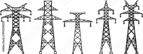 Diverse collection of black vector silhouettes featuring high voltage electrical pylons, farm animals like cows and pigs, and people in various sitting and profile poses.