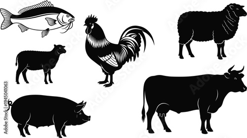 Collection of farm animal silhouettes featuring a cow, pig, sheep, lamb, rooster, and fish isolated on a white background for agriculture and livestock industry.