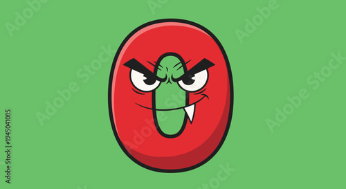 Cartoon Angry Number Zero on Green Background