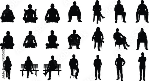 Collection of diverse human silhouettes featuring people sitting on chairs, benches, and the floor in various poses including meditation, relaxation, and formal standing positions.
