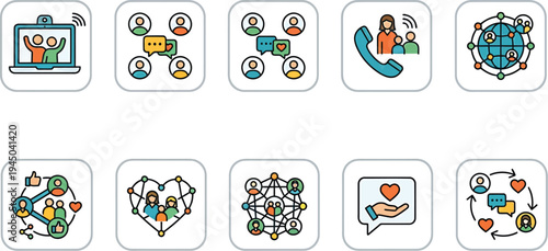 Family communication icon set featuring video call, group chat, message, phone, digital connection and support symbols minimal modern vector UI design
