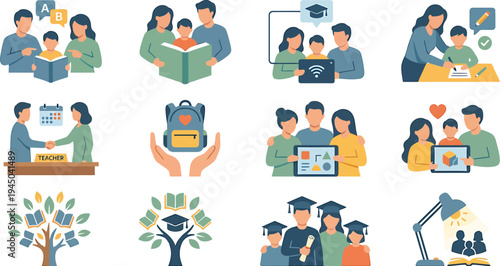 Family education icon set featuring parents teaching child, reading book, online learning and knowledge symbols minimal modern vector UI design
