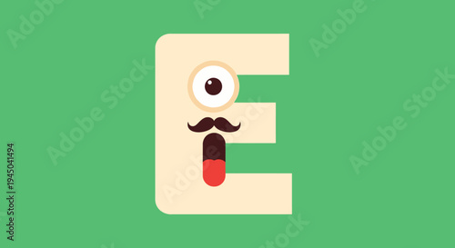 Fun Cartoon Character Letter E on Green Background