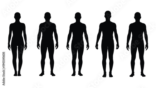 Human silhouette variations of five adult male figures in different body types and postures on a white background for medical or fitness analysis