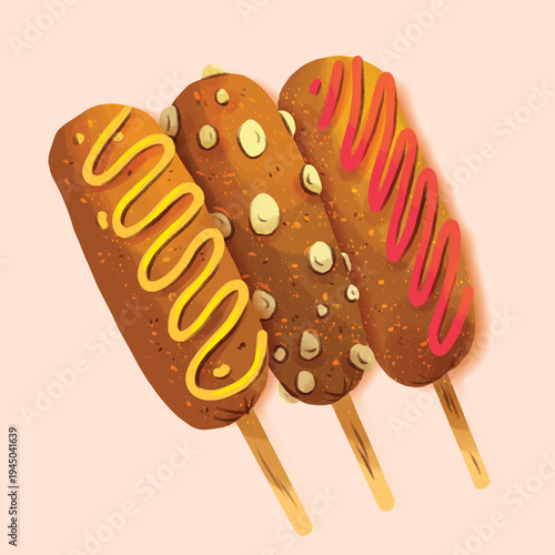 Set of three different crispy corn dogs with various toppings and sauces